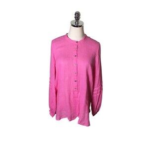 Click CMC Top Women's Size Medium Pink Button Up Long Sleeve 100% Linen